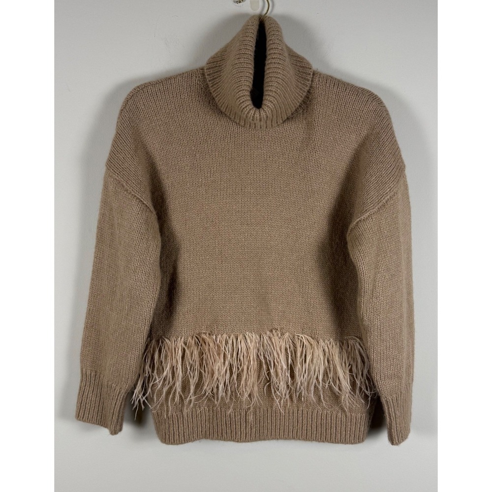 Kate Spade Madison Avenue Alpaca Feather Trim Turtleneck Sweater Camel Brown S